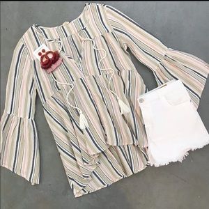 EN CREME Peasant Top Tiered Striped Blouse M Med